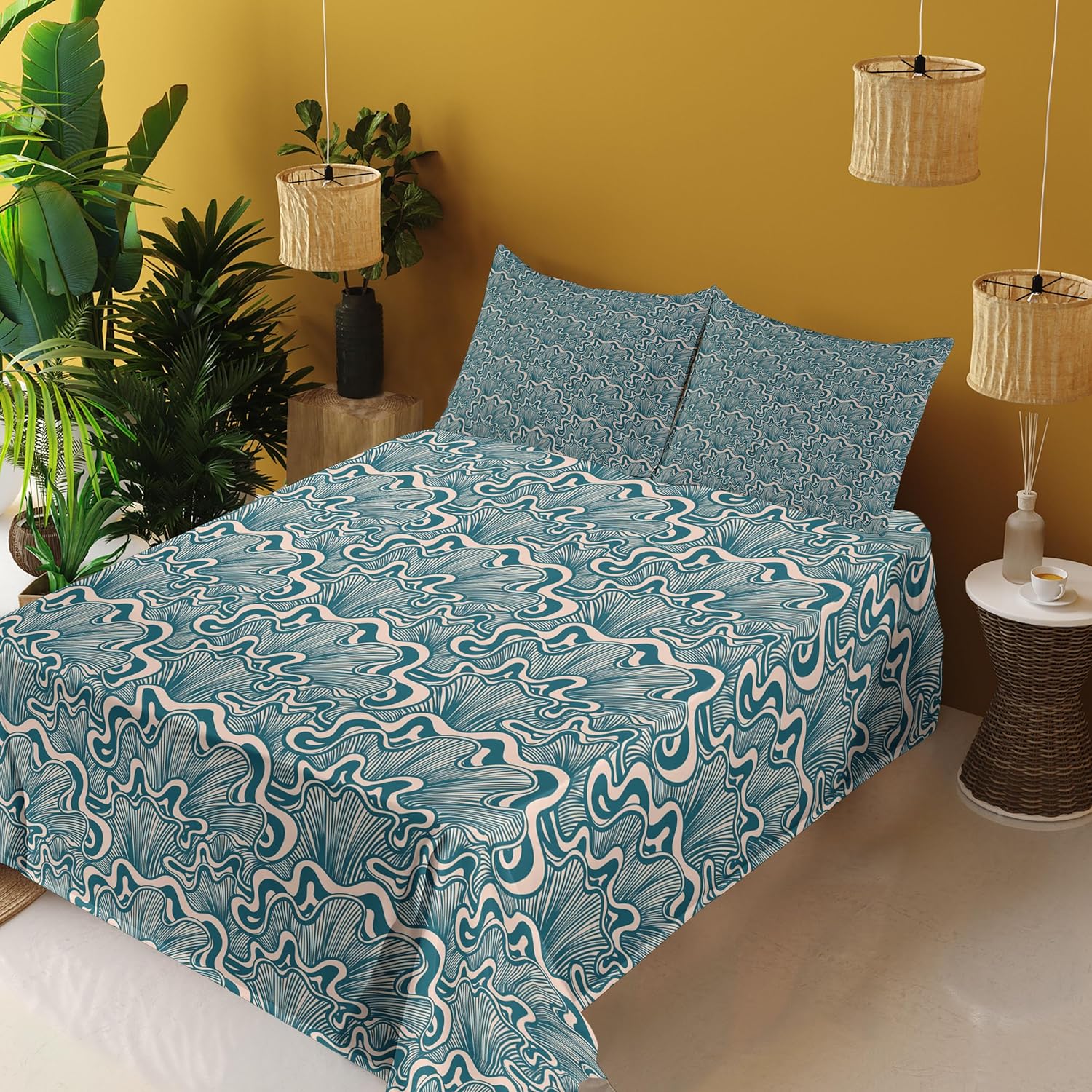 91EMpAXFRvL._AC_SL1500_.jpg Ambesonne Vintage Mushroom Sheet Set, Clam Drawing Look Abstract Nautical Like Pattern Illustration, Fitted and Flat Sheet with Pillowcases Bedding Accent 4 Piece Set, Full, Dark Teal and Pale Rose - Image 5