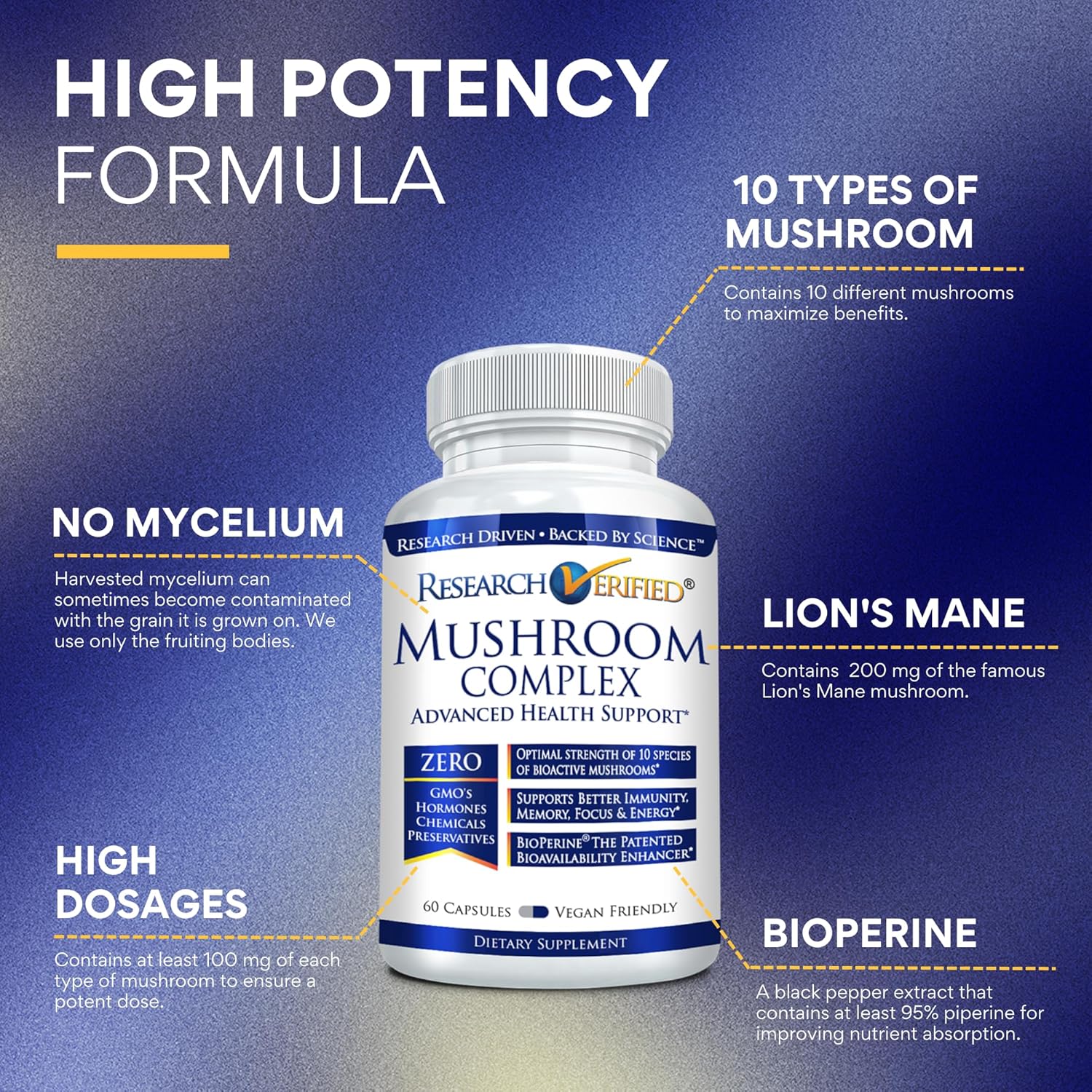91HbBlWdLL._AC_SL1500_.jpg Research Verified Mushroom Complex - Support Immunity, Boost Antioxidants, Improve Cognitive Function - 10 Mushrooms Including Reishi, Maitake, and Shiitake - 180 Capsules - Vegan - Image 2