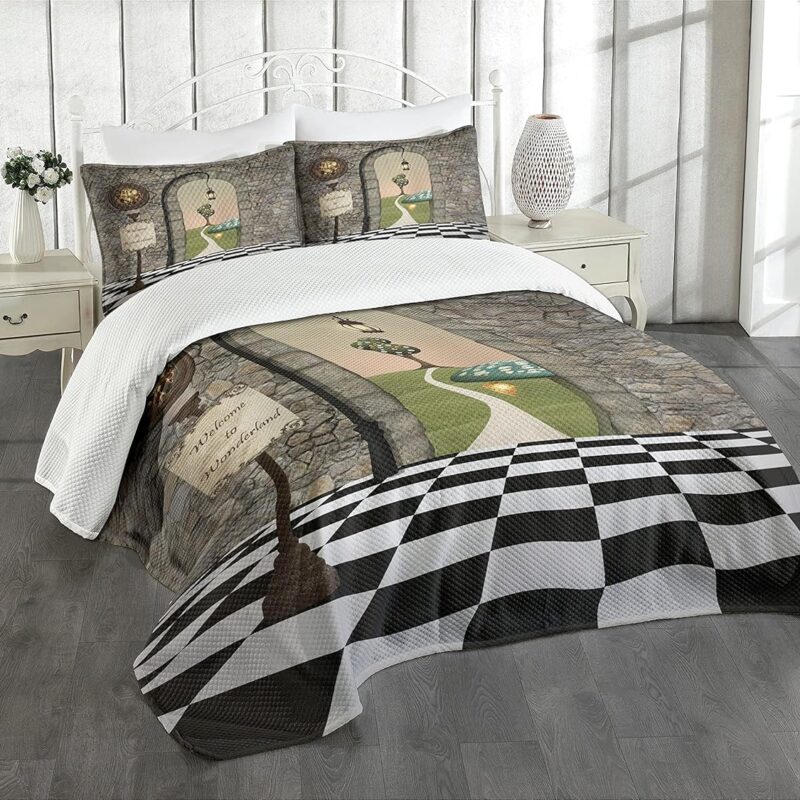 Ambesonne Alice in Wonderland Bedspread Set, Welcome Wonderland Black and White Floor Landscape Mushroom Print, 3 Piece Decorative Bedding Coverlet and 2 Pillow Shams, Queen Size, Grey