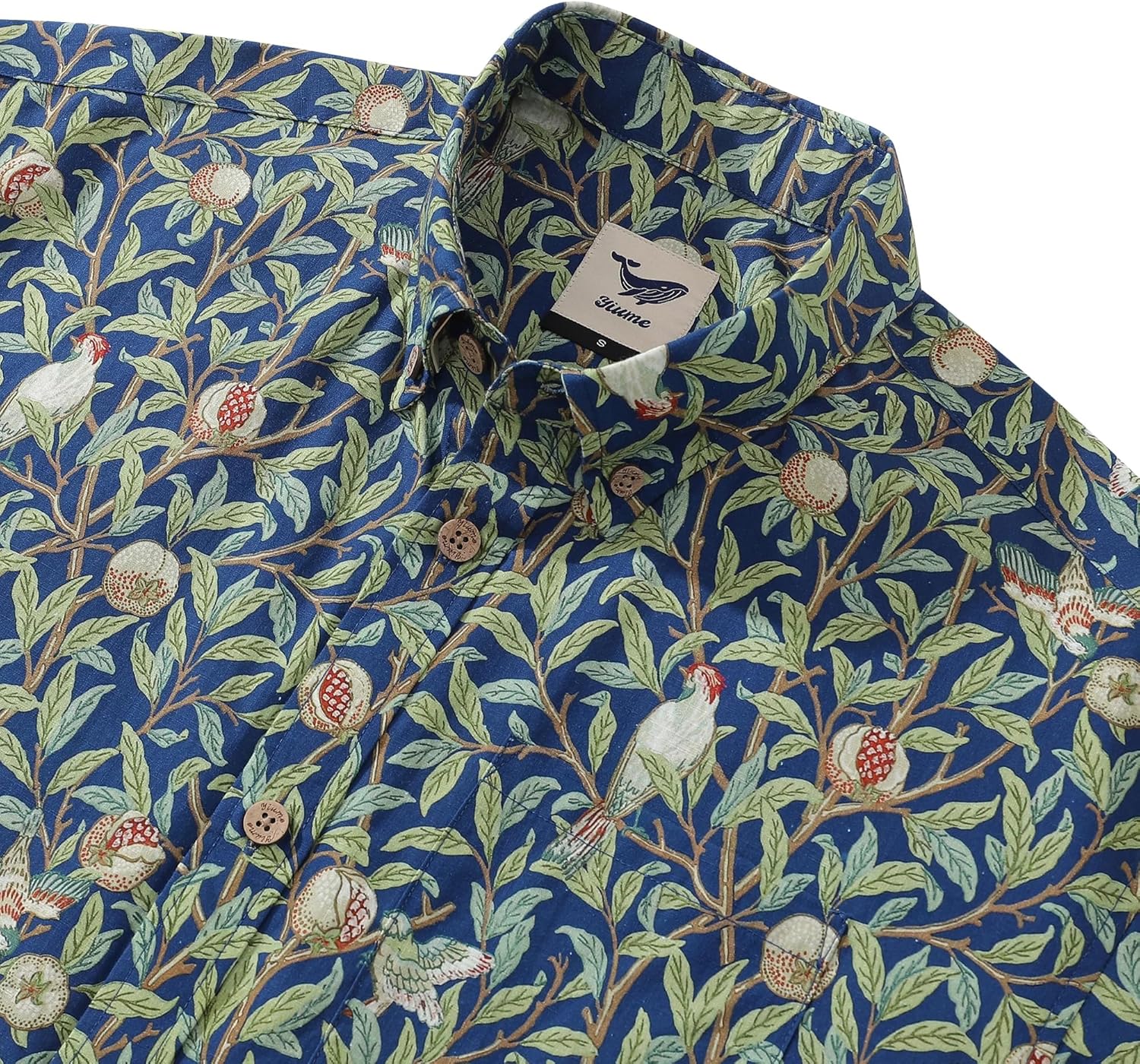 91PwaakWnQL._AC_SL1500_.jpg Men's Hawaiian Shirt Birds and Pomegranates Print Cotton Button-Down Short Sleeve Aloha Shirt - Image 2
