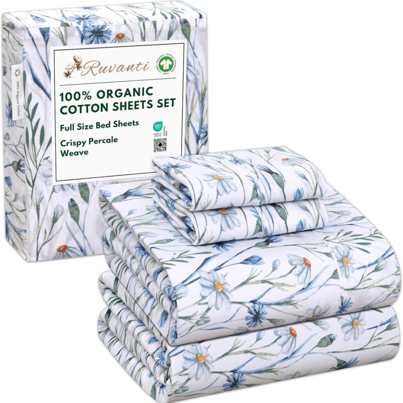 91T0j1mj0oL._AC_SL1500_.jpg RUVANTI 100% Organic Cotton Sheets Full Size, Percale Weave, GOTS Certified, 4-Piece Set, Deep Pocket 15", Crisp & Breathable, Soft Durable Bedding, Sábanas Algodón Orgánico – Daisy Bud