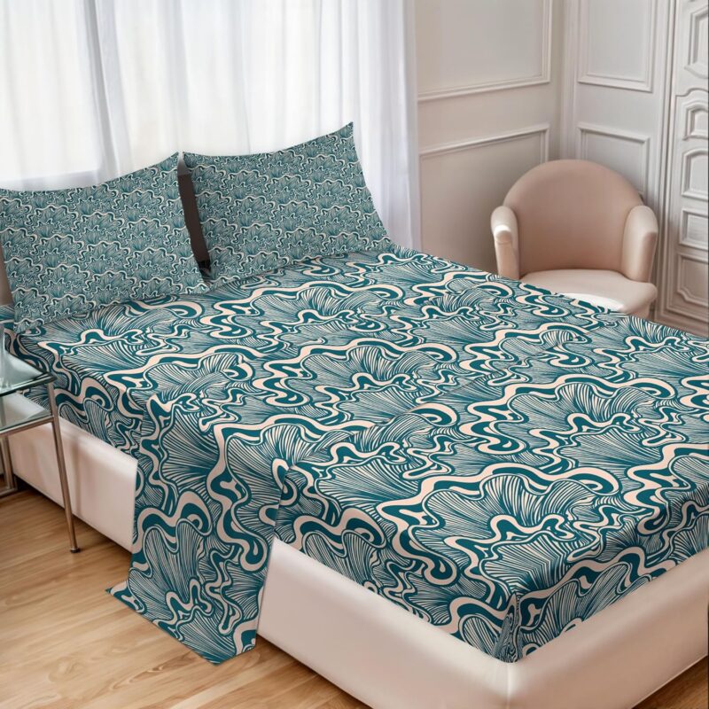Ambesonne Vintage Mushroom Sheet Set, Clam Drawing Look Abstract Nautical Like Pattern Illustration, Fitted and Flat Sheet with Pillowcases Bedding Accent 4 Piece Set, Full, Dark Teal and Pale Rose