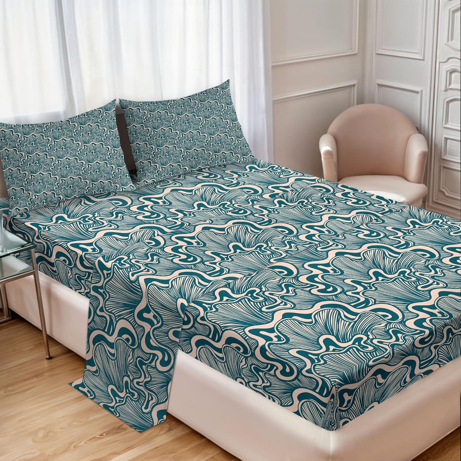 91THUXBIBGL._AC_SL1500_.jpg Ambesonne Vintage Mushroom Sheet Set, Clam Drawing Look Abstract Nautical Like Pattern Illustration, Fitted and Flat Sheet with Pillowcases Bedding Accent 4 Piece Set, Full, Dark Teal and Pale Rose