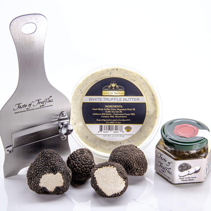 BLACK TRUFFLE CHEFS DINNER KIT - Fresh Black Burgundy Truffles (Tuber Uncinatum) 2oz | White Truffle Butter 6.5 oz | Black Truffle Sauce 3.2 oz | Professional Truffle Shaver/Slicer