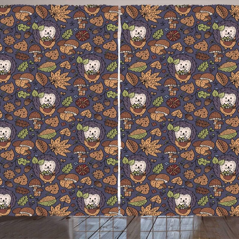 Lunarable Hedgehog Curtains, Mushrooms Autumnal Maple Leaves, Living Room Bedroom Window Drapes 2 Panel Set, 108" X 84", Multicolor