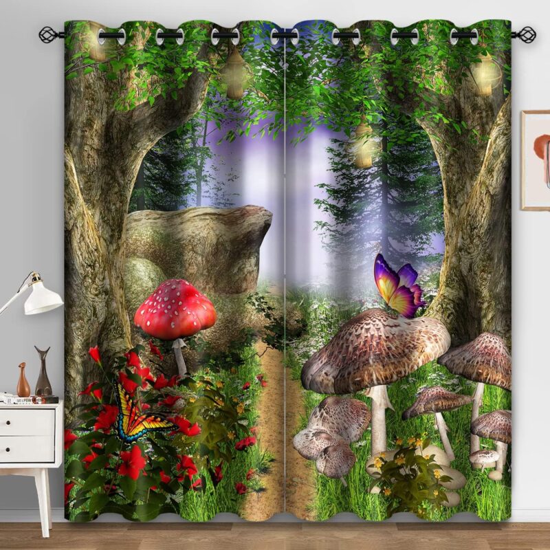 Aimego Mushroom Forest Nature Blackout Curtains - Mystical Magic Green Tree Floral Flower Butterfly Window Drapes Decor for Bedroom Living Room Grommet Room Darkening Curtains 2 Panel Set 52"X63"