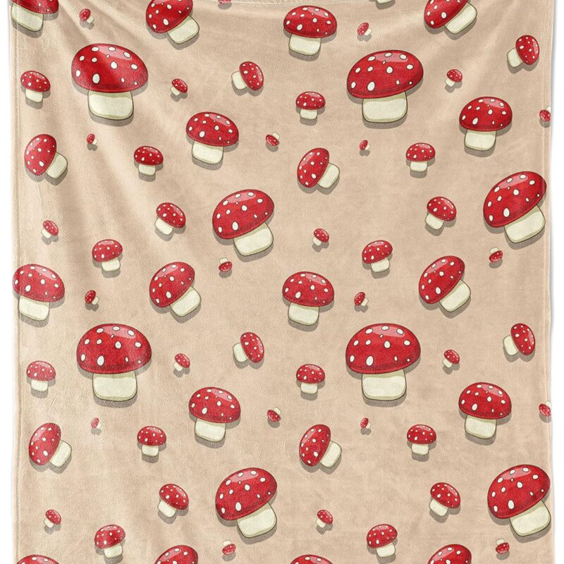 Ambesonne Mushroom Throws and Blankets for Sofa & Bed Woodland Themed Illustration of Spotted Toadstool Summer Season Forest Cartoon Flannel Fleece Soft Couch Cover for Adults 70" x 90" Ivory Red Tan