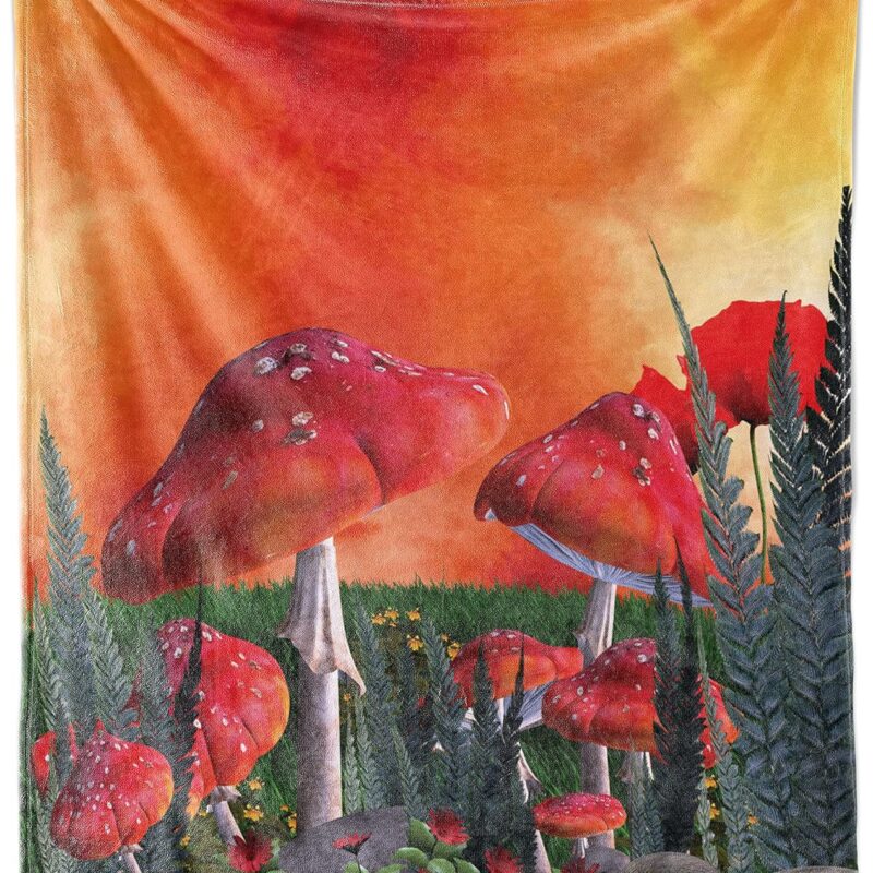 Ambesonne Mushroom Throw Blanket, Mushrooms Magic Place Imaginary Clouds Clipart Leaves Poppies Spellbound, Flannel Fleece Accent Piece Soft Couch Cover for Adults, 60" x 80", Orange Taupe