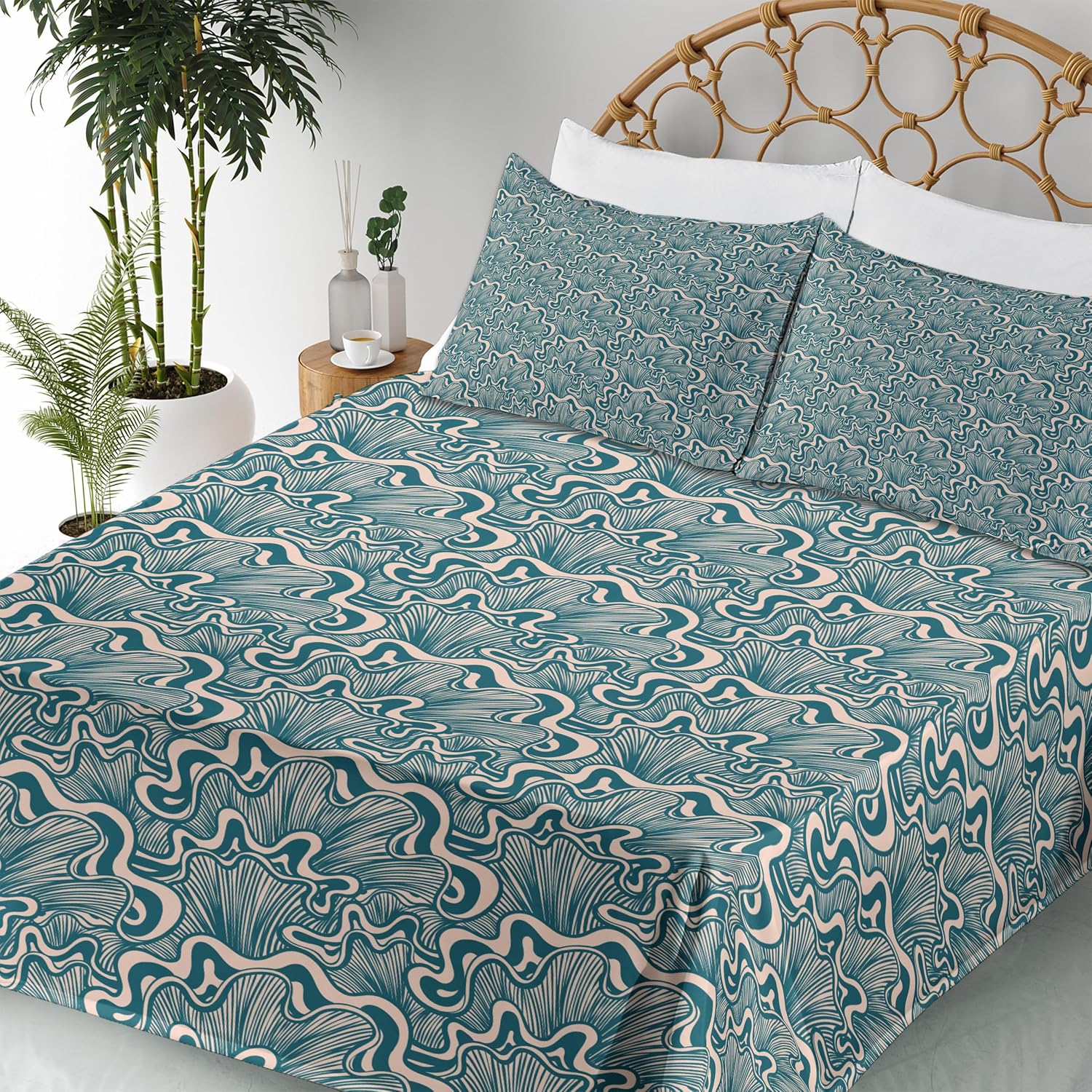 A1aYZMiKJeL._AC_SL1500_.jpg Ambesonne Vintage Mushroom Sheet Set, Clam Drawing Look Abstract Nautical Like Pattern Illustration, Fitted and Flat Sheet with Pillowcases Bedding Accent 4 Piece Set, Full, Dark Teal and Pale Rose - Image 6