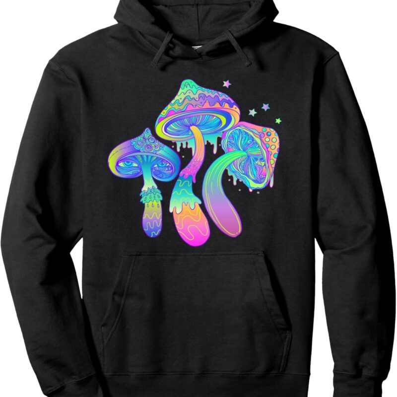 Psychedelic Mushroom, Rainbow Mushroom Colorful Trippy Rave Pullover Hoodie