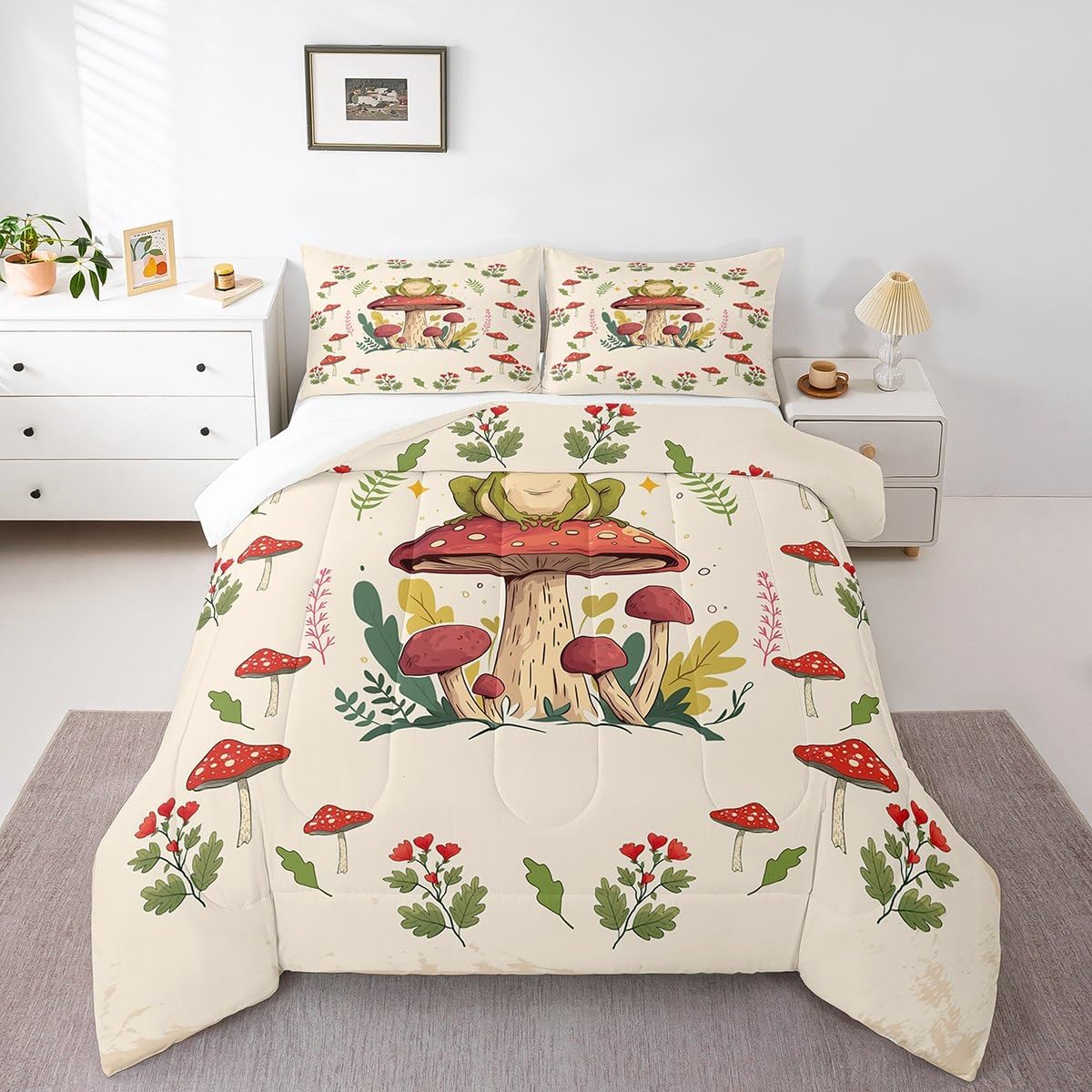 1752475946_71TUqsuvnSL._AC_SL1200_.jpg Feelyou Frog Print Bedding Set Kids Kawaii Comforter Set Frog Mushrooms Comforter Cover Set for Room Decor Botanica Cute Mushroom Decor Beige Red Duvet Set Queen Size 3Pcs Quilt Set