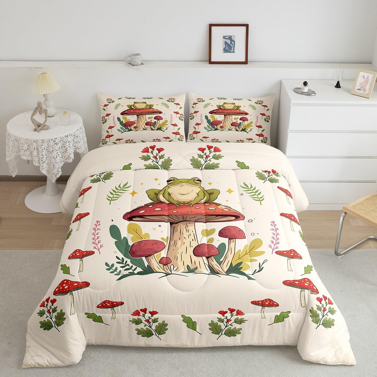 1752475950_71sAsx7GWzL._AC_SL1200_.jpg Feelyou Frog Print Bedding Set Kids Kawaii Comforter Set Frog Mushrooms Comforter Cover Set for Room Decor Botanica Cute Mushroom Decor Beige Red Duvet Set Queen Size 3Pcs Quilt Set - Image 2
