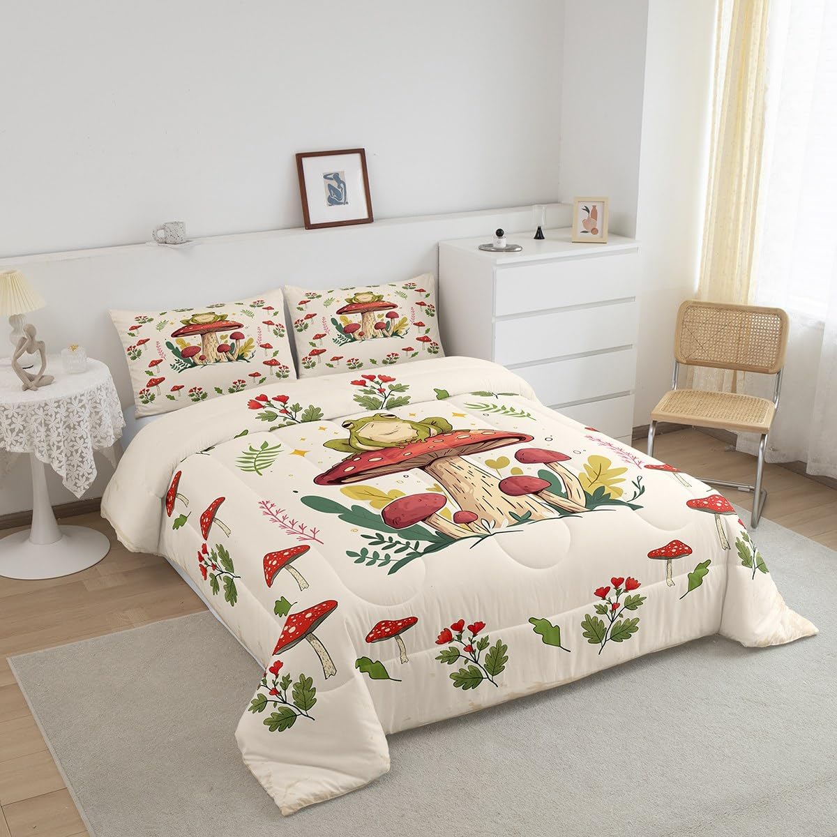 1752475952_71vCQm79J5L._AC_SL1200_.jpg Feelyou Frog Print Bedding Set Kids Kawaii Comforter Set Frog Mushrooms Comforter Cover Set for Room Decor Botanica Cute Mushroom Decor Beige Red Duvet Set Queen Size 3Pcs Quilt Set - Image 3