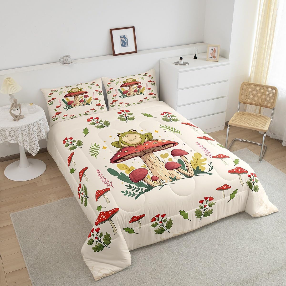 1752475955_71K-KejFI8L._AC_SL1200_.jpg Feelyou Frog Print Bedding Set Kids Kawaii Comforter Set Frog Mushrooms Comforter Cover Set for Room Decor Botanica Cute Mushroom Decor Beige Red Duvet Set Queen Size 3Pcs Quilt Set - Image 4