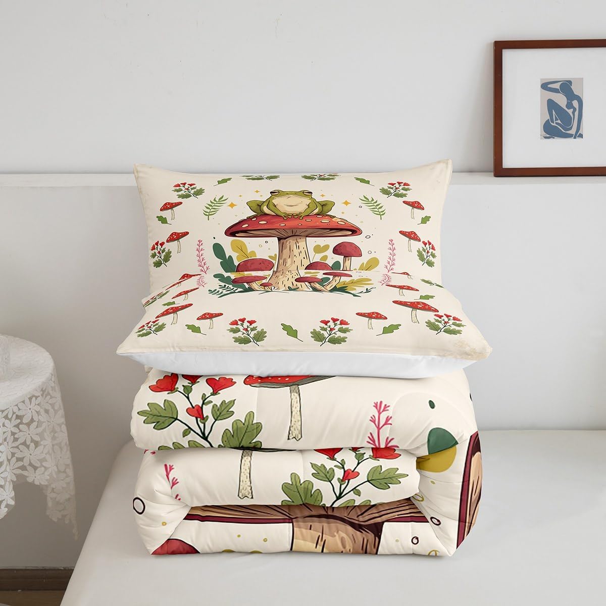 1752475960_61i6nmk51AL._AC_SL1200_.jpg Feelyou Frog Print Bedding Set Kids Kawaii Comforter Set Frog Mushrooms Comforter Cover Set for Room Decor Botanica Cute Mushroom Decor Beige Red Duvet Set Queen Size 3Pcs Quilt Set - Image 6