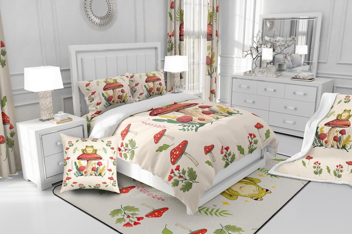 1752475963_61fDkqP5T8L._AC_SL1200_.jpg Feelyou Frog Print Bedding Set Kids Kawaii Comforter Set Frog Mushrooms Comforter Cover Set for Room Decor Botanica Cute Mushroom Decor Beige Red Duvet Set Queen Size 3Pcs Quilt Set - Image 7