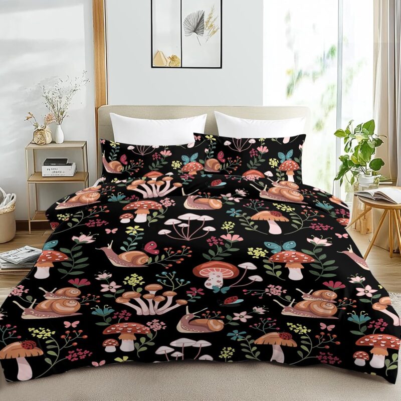 SOULZZZ Floral Mushrooms Printed Girls Duvet Cover Set Queen Brown Snail Mushroom Bedding Set Red Pink Flower with Green Leaf Mushroom Decor Bed Set 1 Duvet Cover and 2 Pillowcases