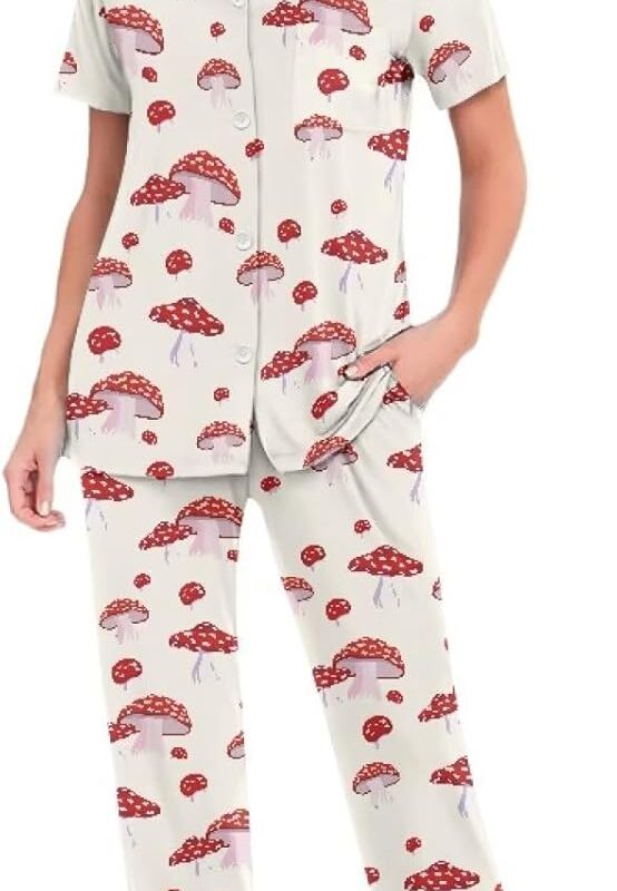 Cute Animals Print Womens Pajamas Short Sleeve Loungewear Two-Piece Sleepwear Button-Down Pj with Long Pants