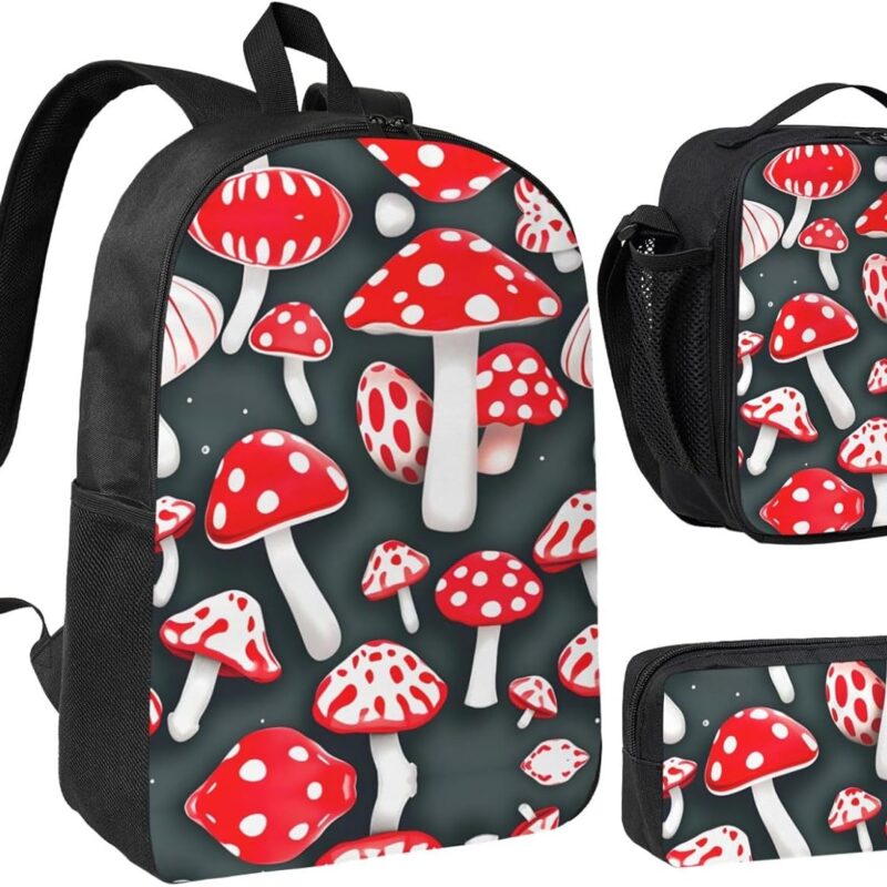 Red White Mushroom print 3 Piece Backpack Bags with Lunch Box Pencil Case Set for Travel Work Camping Unisex