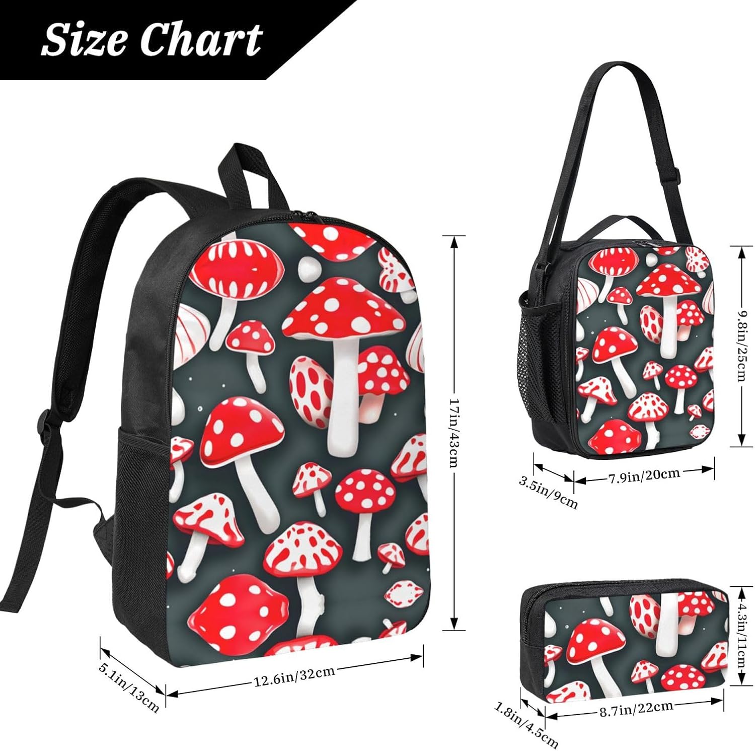 1753386410_710qJQEF2YL._AC_SL1500_.jpg Red White Mushroom print 3 Piece Backpack Bags with Lunch Box Pencil Case Set for Travel Work Camping Unisex - Image 4
