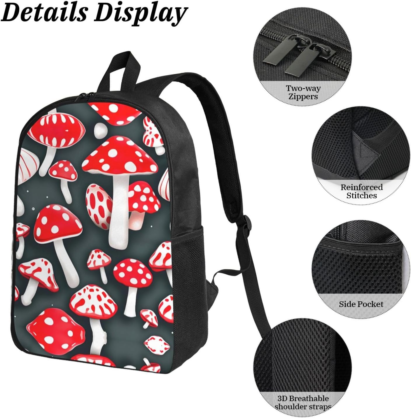 1753386414_71ImcSWHvLL._AC_SL1500_.jpg Red White Mushroom print 3 Piece Backpack Bags with Lunch Box Pencil Case Set for Travel Work Camping Unisex - Image 5