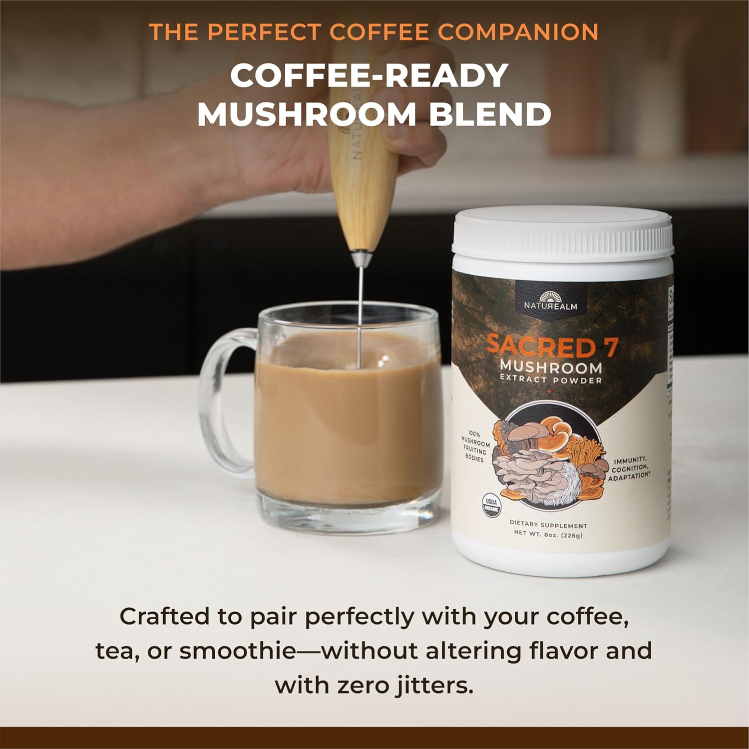 1753460581_714N-OIq9dL._AC_SL1500_.jpg le 2 Sacred 7 8oz + Coffee frother TITLE: Sacred 7 Mushroom Coffee Bundle - 8oz Powder 226 Servings + Handheld Frother | Organic Adaptogen Nootropic | Lions Mane, Reishi, Chaga | Complete Set - Image 5