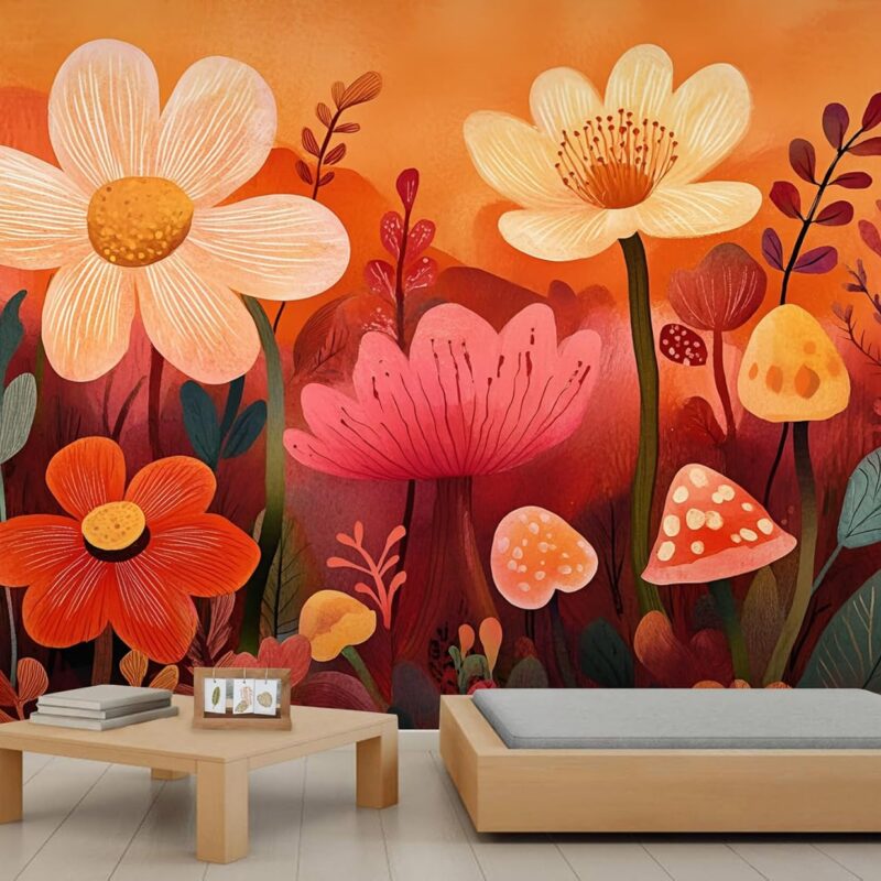 Cute Flowers Wallpaper, Cartoon Flowers Murals, Nordic Leaf Mushroom Mural Wallpaper for Boys and Girls Bedroom Wall Decor Large Photo, 78" x 55" (Not Peel n' Stick)