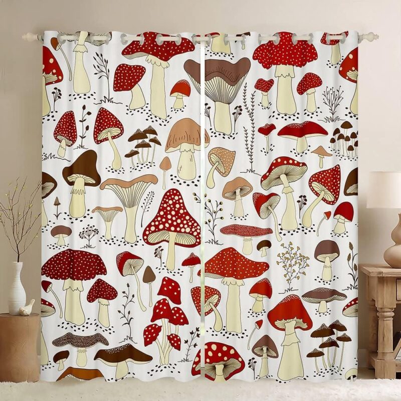 Cartoon Mushrooms Decor Darkening Dreapes Cute Mushroom Curtains for Bedroom Living Room Kawaii Fungus Blackout Curtains Wild Mushroom Stuff Leaf Red Window Treatments (2 Panels, 52 x 90 Inch)