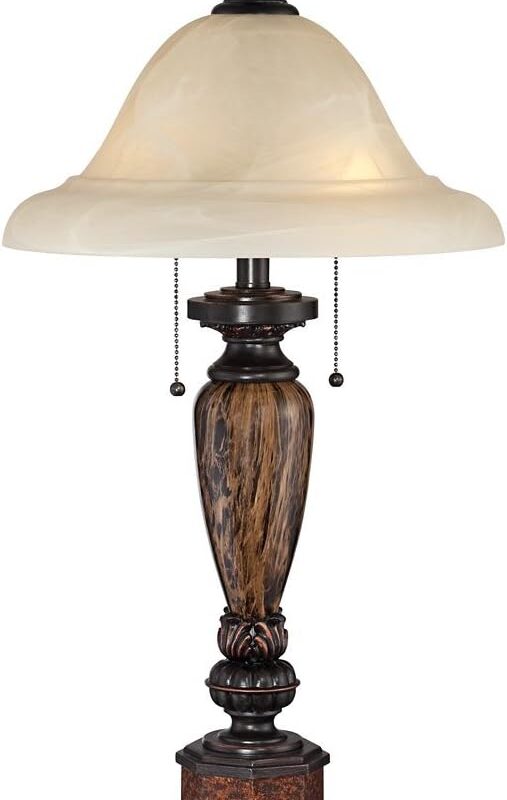 kathy ireland Sonnett Traditional Vintage Table Lamp 28" Tall Warm Bronze Faux Marble Alabaster Glass Mushroom Shade for Living Room Bedroom House Bedside Nightstand Home Office Family
