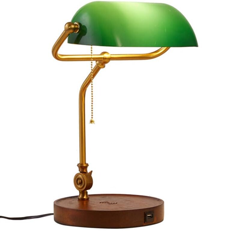 Hsyile KU300237 Rope Switch Retro Table Lamp with USB Charging Ports, with Green Retro Glass Lamp Shade for Living Room Bedroom