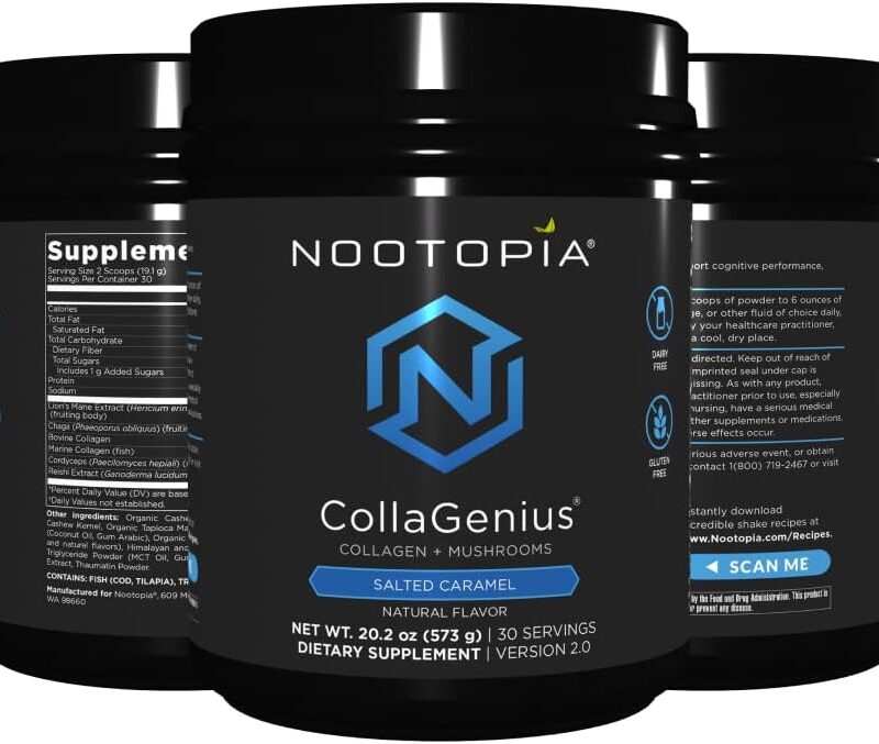 Collagenius v 2.0 - Blended Powder of 4 Mushrooms, Collagen & Superfoods - Brain Supplement Supports Focus, Memory, Hair, Skin - Salted Caramel 30 Servings