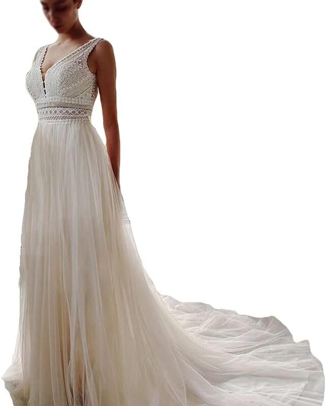 Wedding Dresses for Bride Illusory Lace Bohemia V Neck Layers Tulle A Line Beachy Wedding Gowns…