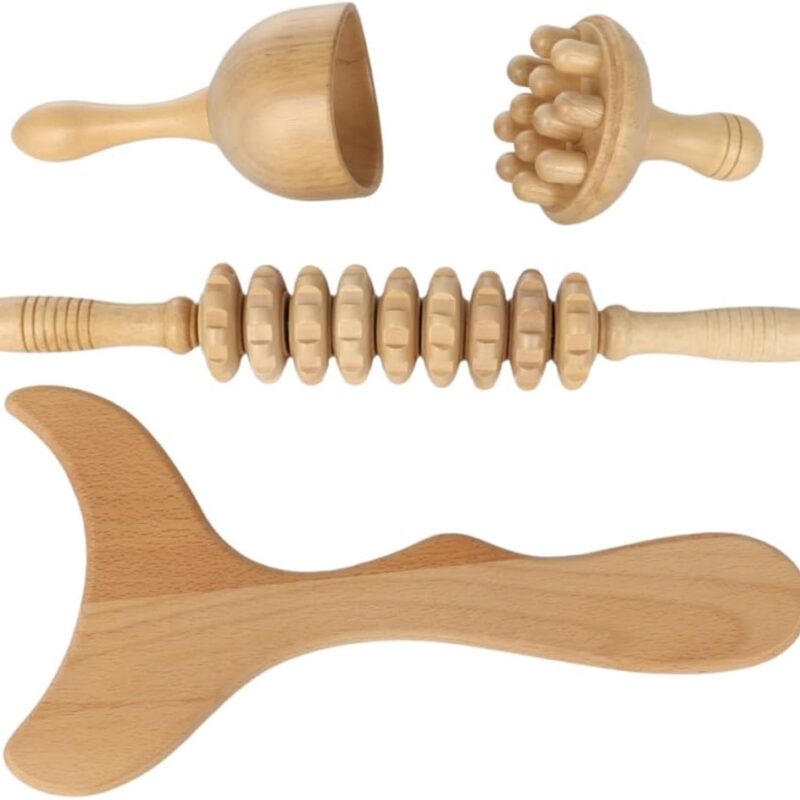 Wooden Massage Tools for Body Sculpting, Wood Maderoterapia Kit with Roller Stick, Mushroom Massager, Contouring Board, 4 Pcs Cup