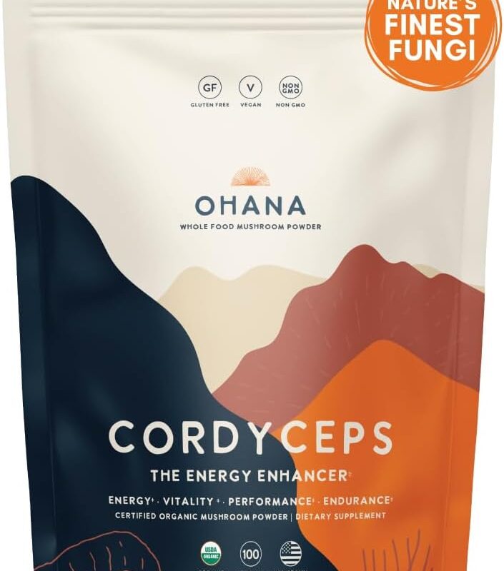 Ohana Cordyceps, Organic Mushrooms Powder Blend, USDA-Organic Whole Food Mushroom Supplement, Non-GMO, Gluten-Free, 7.06 oz. Bag, Pack of 1