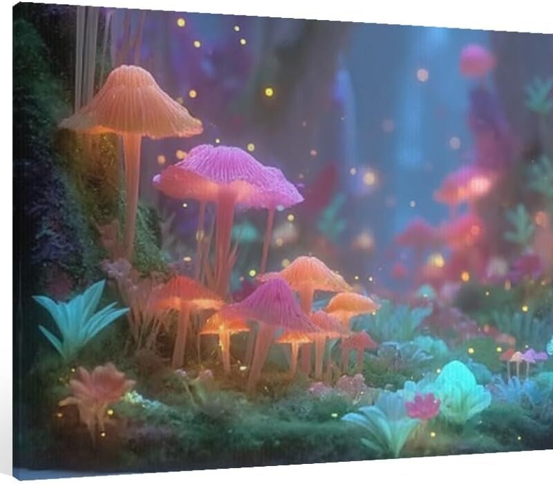 ERUOERTRD Art Canvas Poster Prints glowing mushrooms and flowers in enchanted forest Housewarming Gift for Living Room Framed