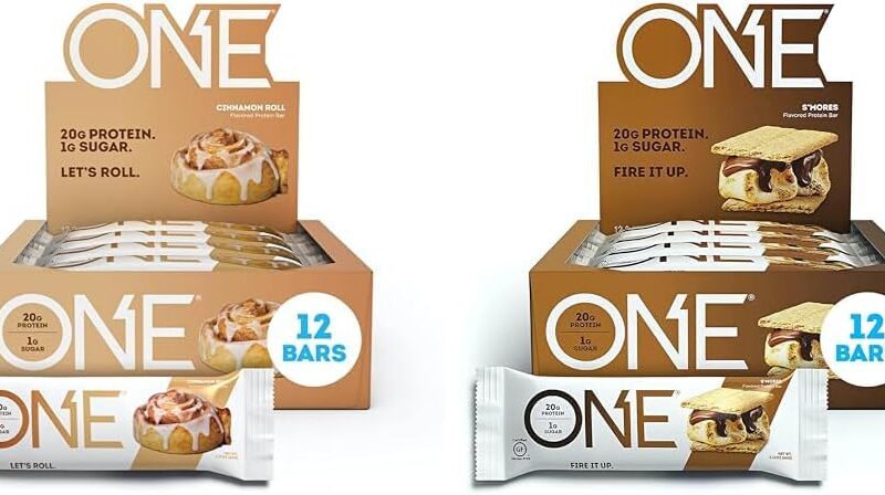 ONE Protein Bars, Cinnamon Roll, Gluten Free Protein Bars with 20g Protein and Only 1g Sugar & Protein Bars, Smores, Gluten Free Protein Bars with 20g Protein and only 1g Sugar