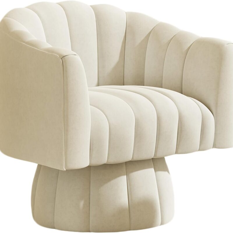 Accent Chair Mid Century 360 Degree Swivel Chair,Modern Lounge Sofa Round Barrel Chair with Wide Upholstered,Fluffy Velvet Fabric Chairs for Home Sofa Living Room/Bedroom/Waiting Room (Beige)