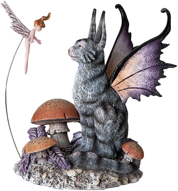 SUMMIT COLLECTION Gifts Whimsical Amy Brown Curious Encounter Fantasy Garden Winged Cat Figurine with Fairy and Mushrooms Polyresin Home Decor Statue 5.9" H