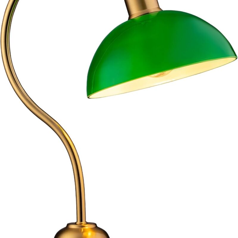 O'Bright Bankers - Cordless LED Table Lamp, Battery-Operated, Rechargeable, 3-Level Dimming, Universal USB-C Charging, 180° Swivel Head, Classic Green Glass Shade, Antique Brass
