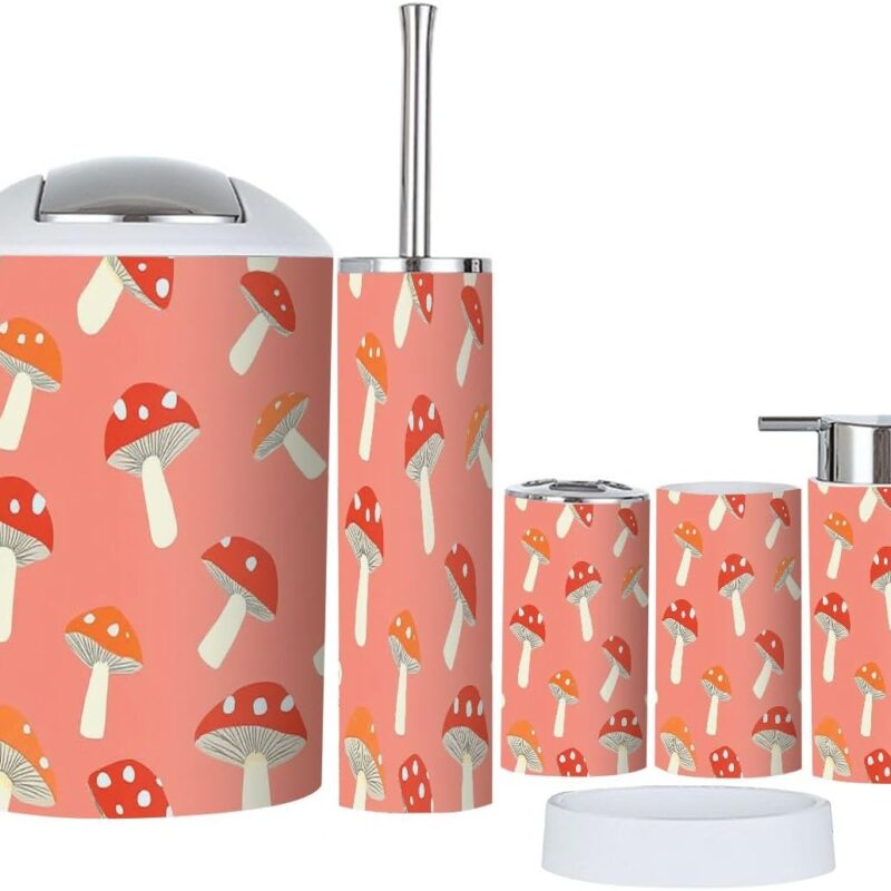 Bathroom Accessory Set 6 Piece Seamless Pattern Mushrooms Motive Nature Toothbrush Holder, Toothbrush Cup, Soap Dispenser, Soap Dish, Toilet Brush Holder, Trash can
