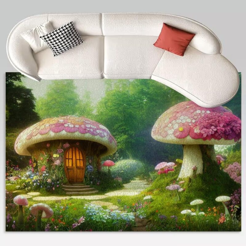 Children Magic Elven House Fairy Tale Mushrooms and Flowers Fairyland Rug 5x7 Rug Area Rugs for Living Room Bedroom Aesthetic Dining Room Machine Washable Throw Rugs Carpet Indoor Non-Slip Floor Mat