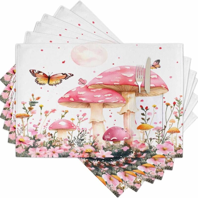 Pink Mushroom Placemats Set of 6 for Dining Table, Woven Place Mats with Tableware Pocket, Spring Botanical Summer Elegant Floral Table Mats Indoor Outdoor Washable Placemats for Kitchen