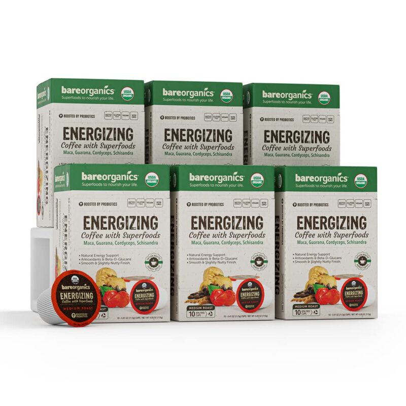 Bare Organics ENERGIZING Coffee Pods Infused with Superfoods & Probiotics, USDA Organic, Keurig K-Cup Compatible, Vegan, Gluten Free, 10ct (Pack of 6)