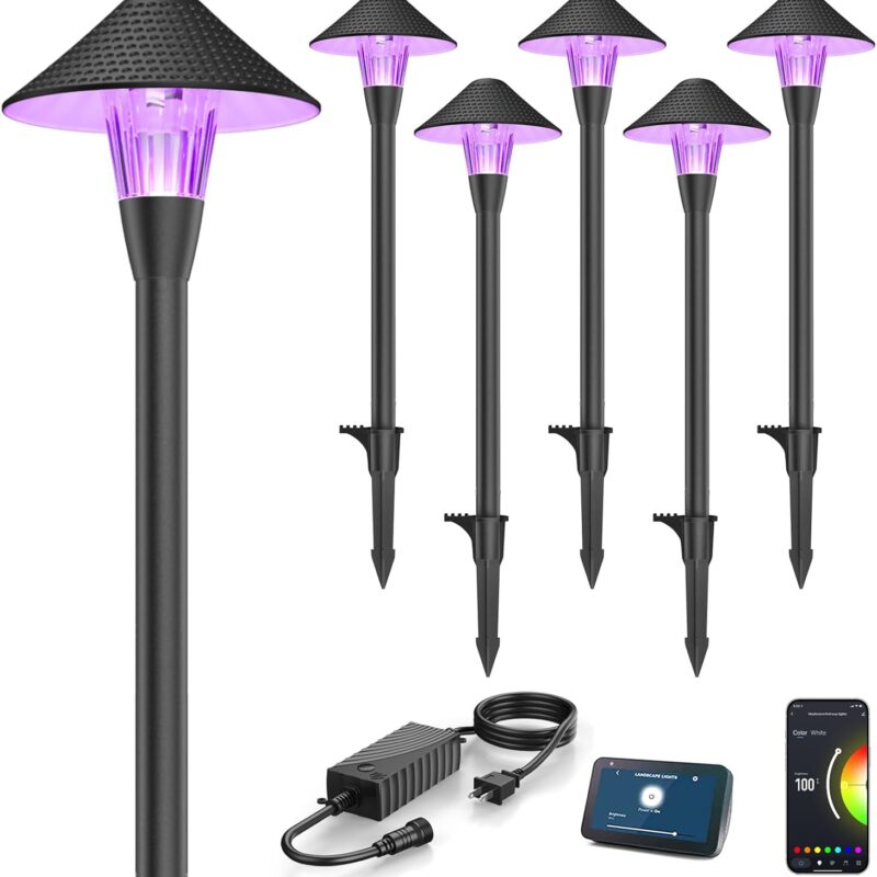 XMCOSY+ Low Voltage Smart Pathway Lights with APP Control, Adjustable Warm White & RGB, Compatible with Alexa, 12V 6W Outdoor Mushroom Lights for Garden Path Lawn (6 Pack)