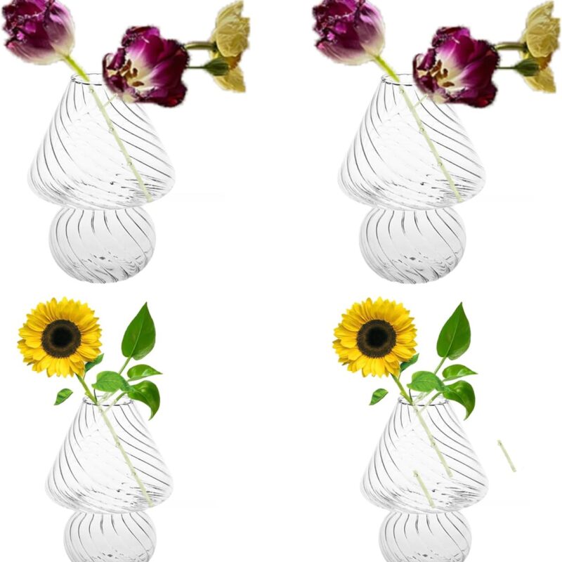 Mushroom Vases for Flowers Eylkoi - 4Pcs Mushroom Glass Vase Clear Decoration Unique Bud Small Vase Hydroponic Plant Propagation Station Mini Terrarium Propagation Jars Planters for Indoor PlantsWomen