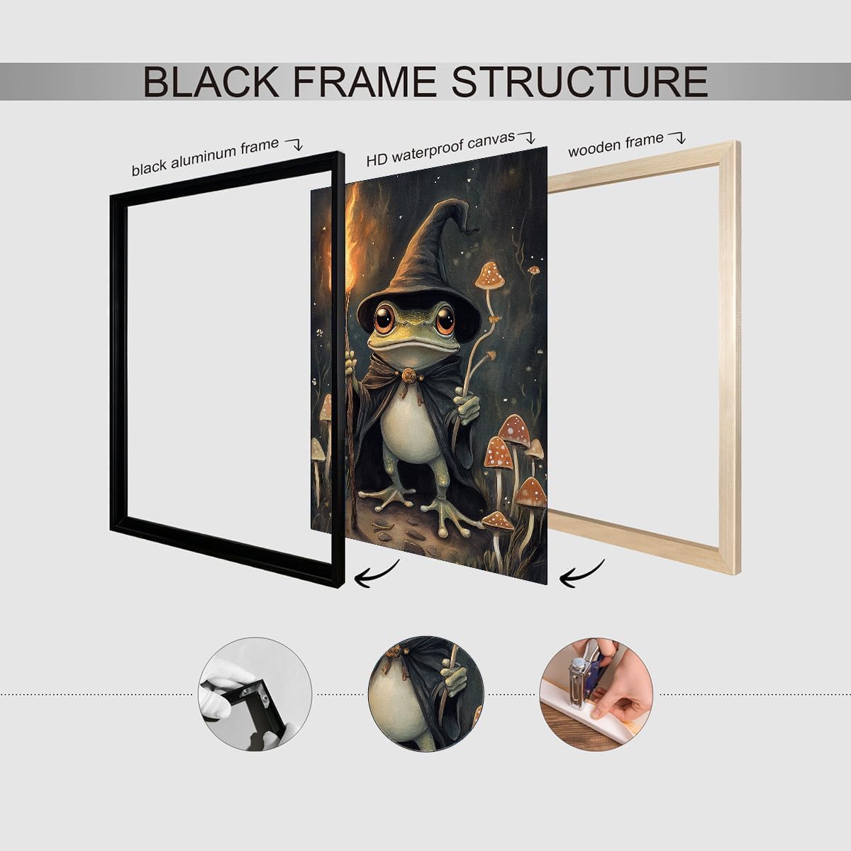 61DzzlaxXYL._AC_SL1200_.jpg Frog Wizard Wall Art – Fantasy Forest Illustration with Torch, Cloak, Mushrooms and Magic Staff, Whimsical Frog Poster for Mystical Room Decor-16x20Inch Ready to Hang(Black Aluminum Frame) - Image 3
