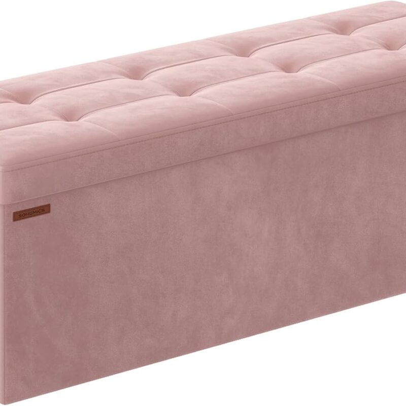 SONGMICS Storage Ottoman Bench, Foldable Ottoman Foot Rest, 15 x 43 x 15 Inches, End of Bed Bench, Storage Chest, Load up to 660 lb, for Living Room, Bedroom, Entryway, Jelly Pink ULSF277R01