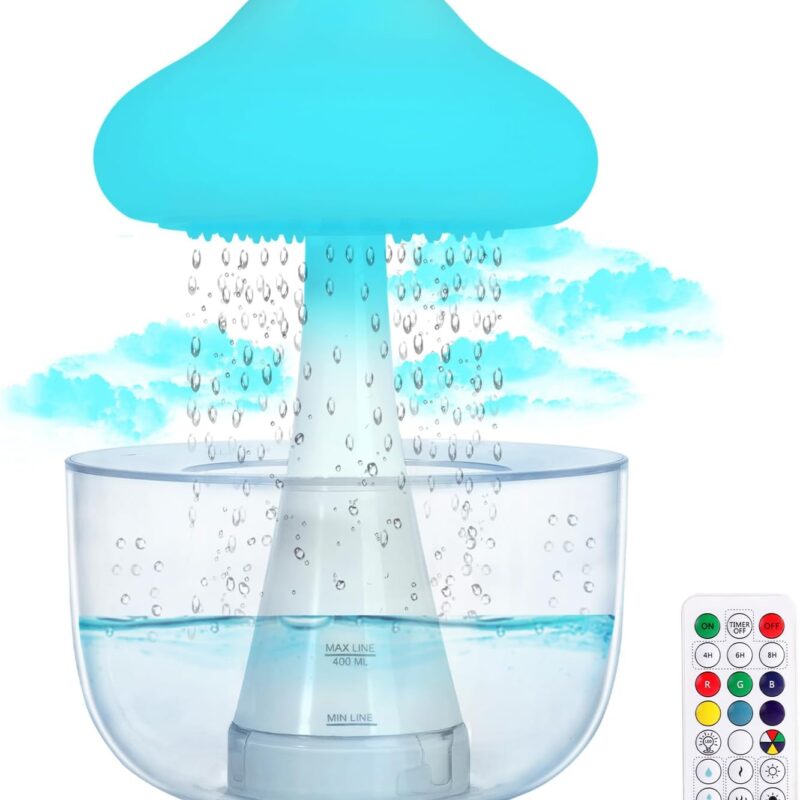 Cloud Rain Transparent Base Humidifier, Essential Oil Diffuser with 7 Colors Night Light & Auto Shut Off & Rain Adjustment for Desk Fountain Bedside Sleeping Relaxing Mood Water Drop Sound
