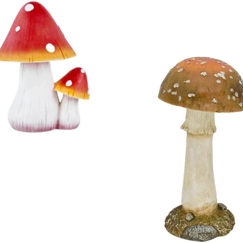 Mushroom Outdoor Garden Decor Ornament （8” Red）+Garden Statue Mushroom Decoration Patio Decor（11.8”Brown）