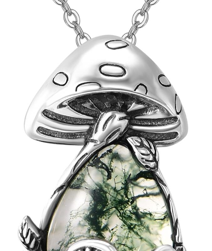 Mushroom Necklace 925 Sterling Silver Mushroom Moss Agate Pendant Necklace Jewelry for Women